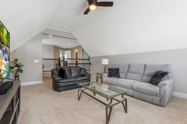 5119 Butterworth Green Dr, New Albany, OH 43054 - living area featuring light carpet, a ceiling fan, lofted ceiling, and baseboards