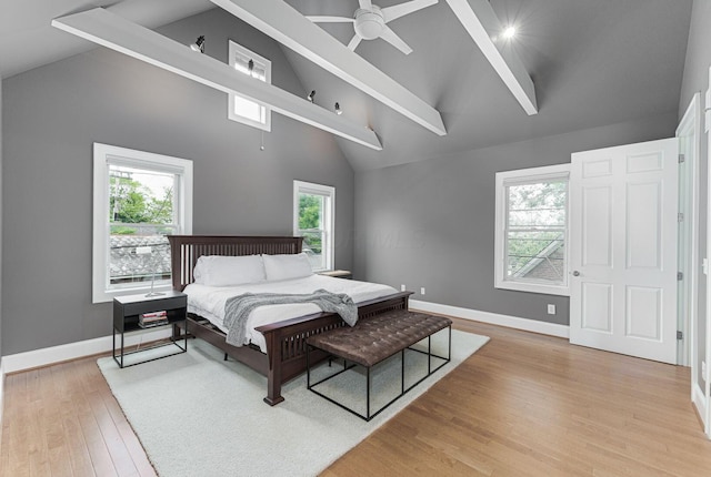 308 Jackson St, Columbus, OH 43206 - bedroom featuring high vaulted ceiling, wood finished floors, baseboards, beam ceiling, and ceiling fan