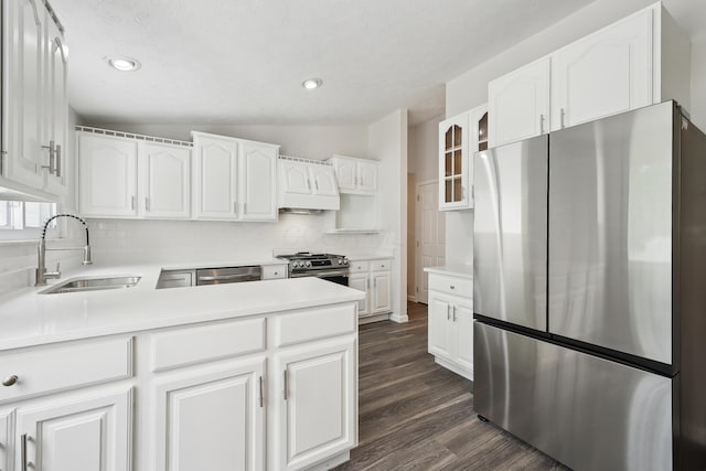 3368 Pine Valley Rd, Columbus, OH 43219 - kitchen with appliances with stainless steel finishes, a sink, tasteful backsplash, glass insert cabinets, and dark wood-style floors