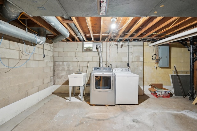 3368 Pine Valley Rd, Columbus, OH 43219 - unfinished basement featuring washer and dryer, electric panel, and a sink