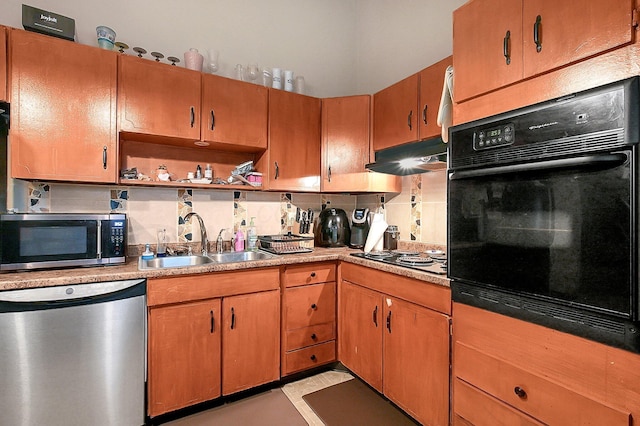 2894 Langfield Dr, Columbus, OH 43209 - kitchen with black appliances, a sink, decorative backsplash, under cabinet range hood, and open shelves
