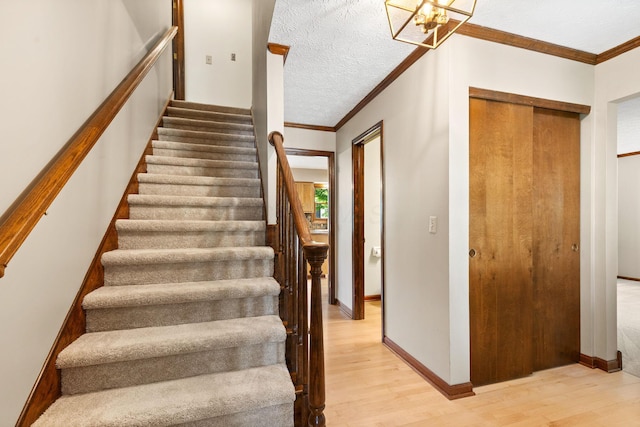 750 Pepper Ct, Westerville, OH 43082 - stairs featuring wood finished floors, crown molding, a textured ceiling, and a chandelier