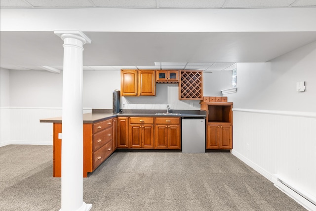 750 Pepper Ct, Westerville, OH 43082 - kitchen featuring a drop ceiling, light carpet, refrigerator, brown cabinetry, and a baseboard heating unit