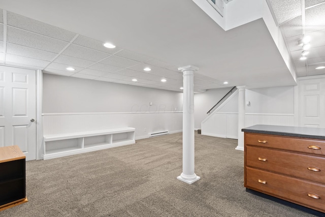 750 Pepper Ct, Westerville, OH 43082 - finished basement featuring a drop ceiling, carpet flooring, a baseboard heating unit, and recessed lighting