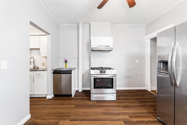1165 Wager St Unit 1165-1167, Columbus, OH 43206 - kitchen with stainless steel appliances, under cabinet range hood, ceiling fan, backsplash, and white cabinets