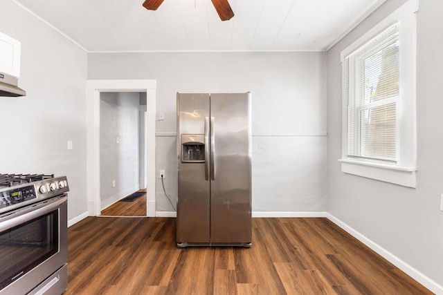 1165 Wager St Unit 1165-1167, Columbus, OH 43206 - kitchen with appliances with stainless steel finishes, a ceiling fan, dark wood-style floors, crown molding, and under cabinet range hood