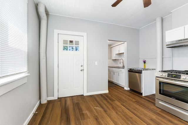 1165 Wager St Unit 1165-1167, Columbus, OH 43206 - kitchen featuring appliances with stainless steel finishes, under cabinet range hood, dark wood finished floors, white cabinetry, and ceiling fan