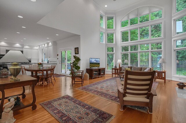 8259 Spruce Needle Ct, Columbus, OH 43235 - living room with crown molding, healthy amount of natural light, light wood-style floors, a towering ceiling, and recessed lighting