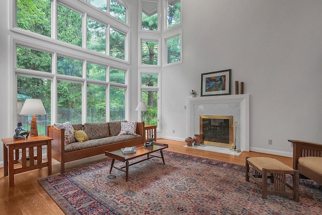 8259 Spruce Needle Ct, Columbus, OH 43235 - living room featuring baseboards, wood finished floors, a high end fireplace, and a towering ceiling