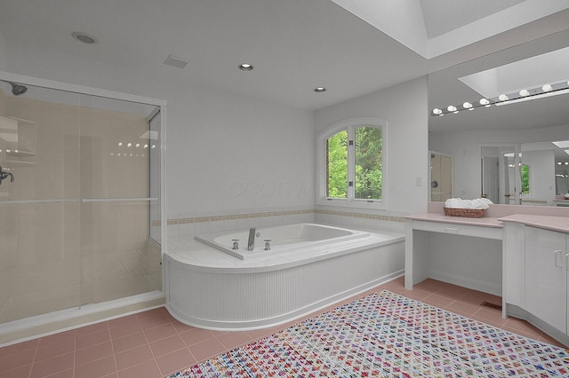 8259 Spruce Needle Ct, Columbus, OH 43235 - bathroom featuring vanity, tile patterned floors, a shower stall, a bath, and recessed lighting