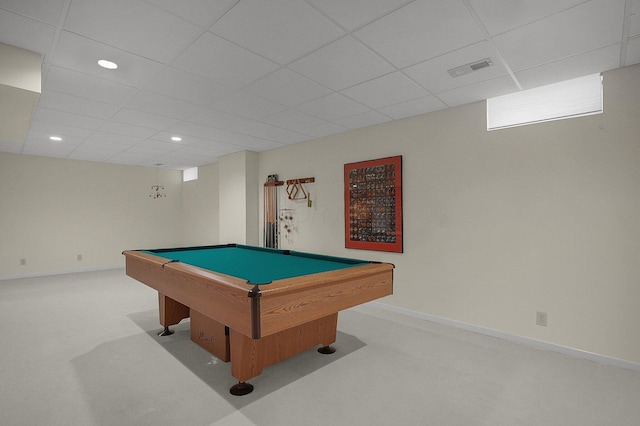 8259 Spruce Needle Ct, Columbus, OH 43235 - game room with carpet, a drop ceiling, pool table, and baseboards