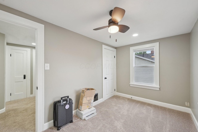 unfurnished bedroom with carpet flooring, baseboards, ceiling fan, and recessed lighting