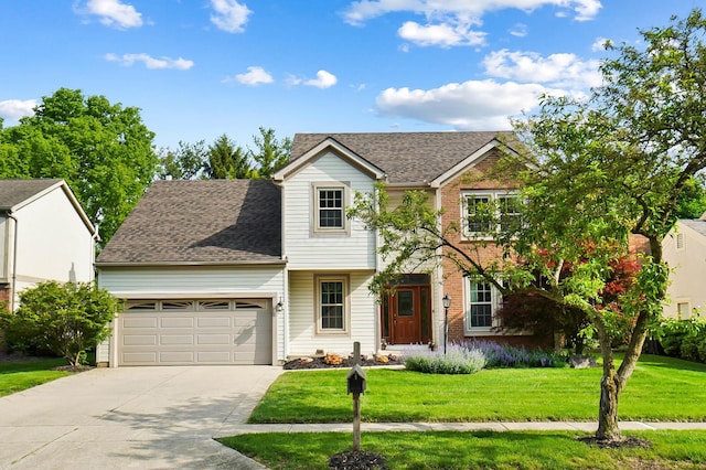 traditional-style house with a garage, concrete driveway, a front lawn, and a shingled roof
