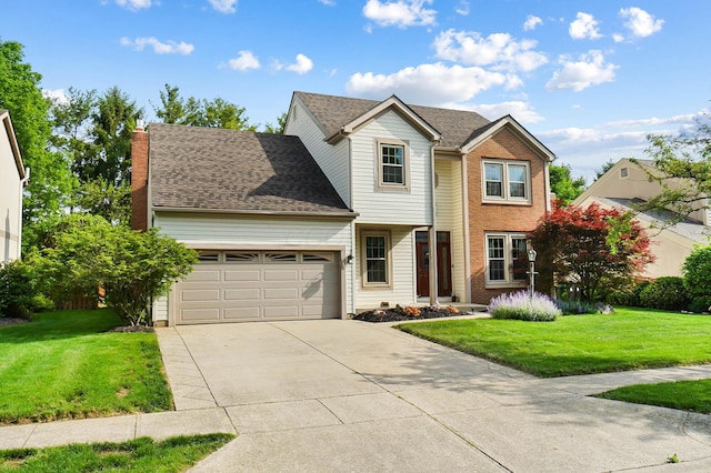 traditional-style home featuring a garage, concrete driveway, a front yard, and a chimney