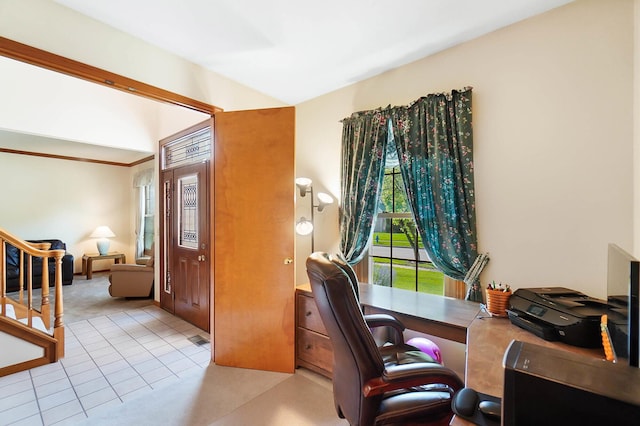 home office featuring tile patterned floors and carpet floors