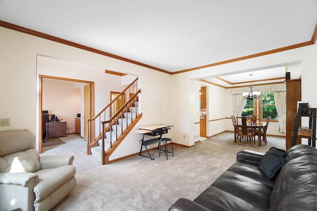 living area with a chandelier, light carpet, stairway, crown molding, and baseboards