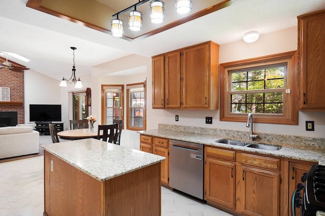 kitchen featuring dishwasher, a sink, a kitchen island, brown cabinetry, and vaulted ceiling