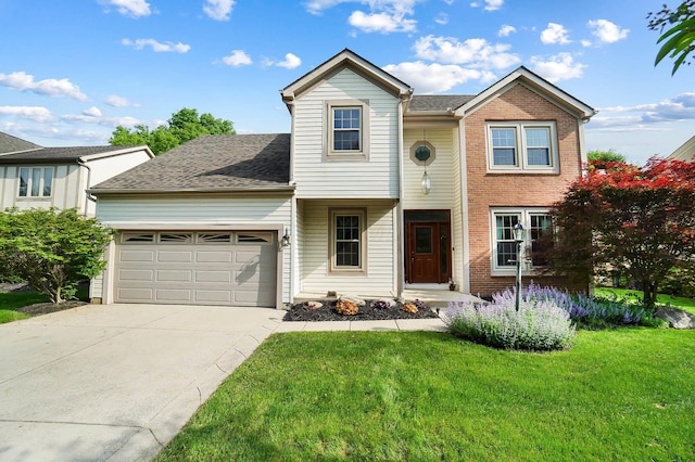 traditional home with a garage, a front lawn, concrete driveway, brick siding, and a shingled roof