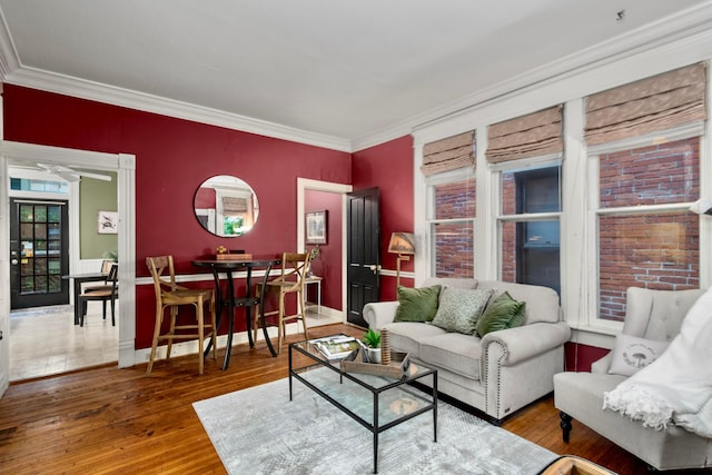 1042 Neil Ave, Columbus, OH 43201 - living room with hardwood / wood-style flooring, ornamental molding, ceiling fan, and baseboards