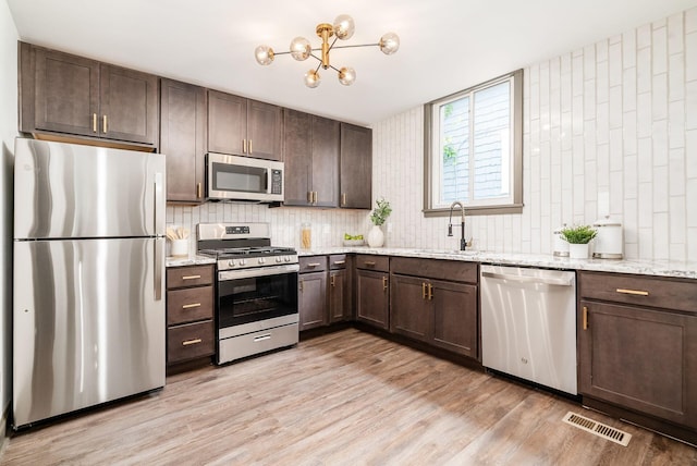 46 E Markison Ave, Columbus, OH 43207 - kitchen with appliances with stainless steel finishes, a sink, dark brown cabinetry, light wood-style flooring, and tasteful backsplash