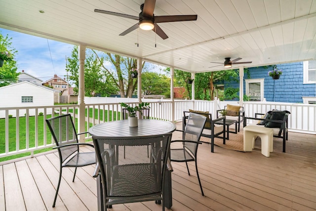 46 E Markison Ave, Columbus, OH 43207 - deck featuring outdoor dining space, a ceiling fan, and a lawn