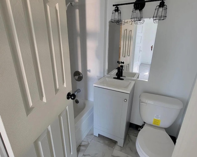full bath featuring marble finish flooring, toilet, vanity, and bathing tub / shower combination