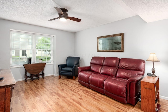 5120 Singleton Dr Unit 36D, Hilliard, OH 43026 - living room featuring a textured ceiling, light wood-style floors, ceiling fan, and baseboards