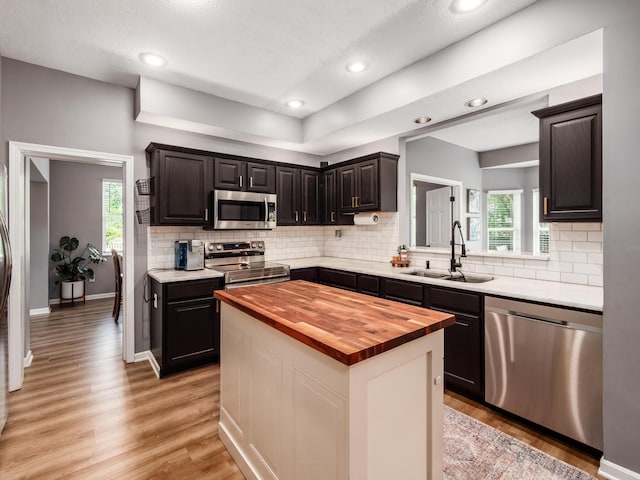 4710 Helmsbridge Ct, Grove City, OH 43123 - kitchen with appliances with stainless steel finishes, wood counters, a sink, light wood-type flooring, and healthy amount of natural light