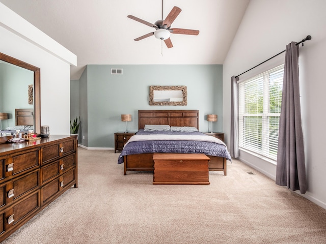 4710 Helmsbridge Ct, Grove City, OH 43123 - bedroom featuring light carpet, baseboards, ceiling fan, and high vaulted ceiling