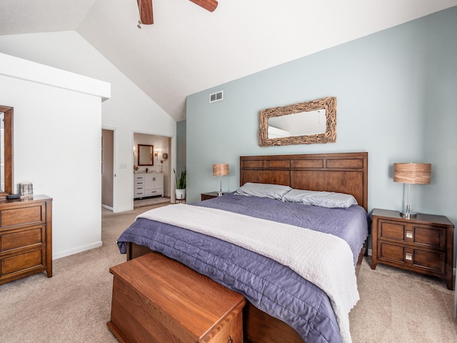 4710 Helmsbridge Ct, Grove City, OH 43123 - bedroom with light carpet, connected bathroom, ceiling fan, high vaulted ceiling, and baseboards