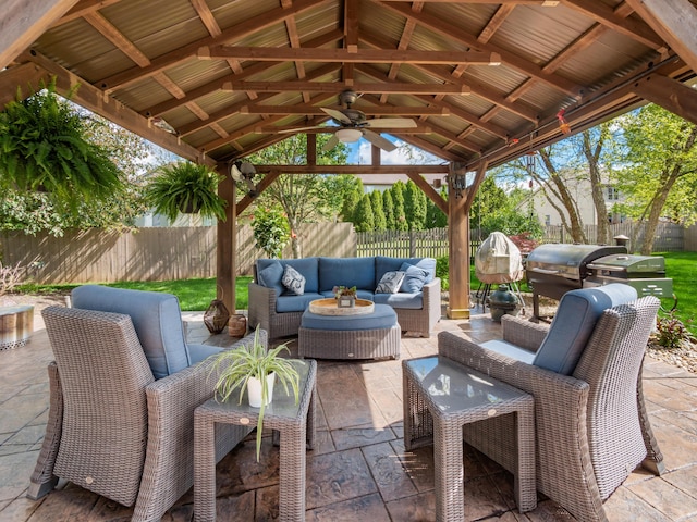 4710 Helmsbridge Ct, Grove City, OH 43123 - view of patio / terrace with a gazebo, a fenced backyard, an outdoor living space, and ceiling fan