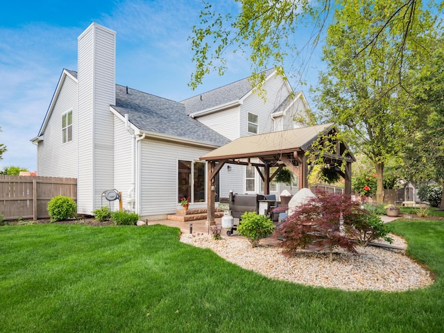 4710 Helmsbridge Ct, Grove City, OH 43123 - back of property featuring a gazebo, an outdoor living space, roof with shingles, a patio area, and a chimney