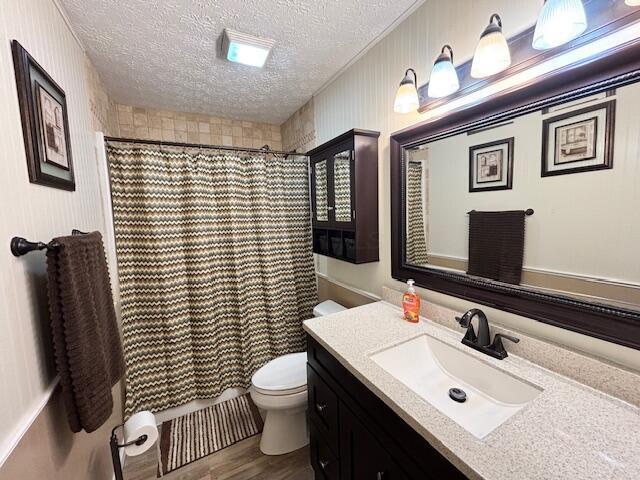 bathroom featuring a textured ceiling, toilet, wood finished floors, and vanity
