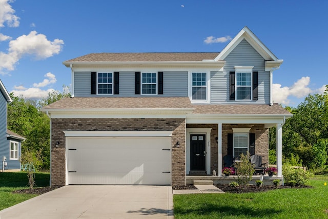 249 Rochdale, Delaware, OH 43015 - view of front of home featuring a porch, an attached garage, concrete driveway, brick siding, and a shingled roof