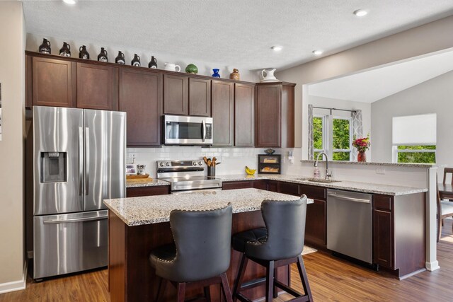 249 Rochdale, Delaware, OH 43015 - kitchen featuring appliances with stainless steel finishes, a sink, tasteful backsplash, a peninsula, and dark wood finished floors