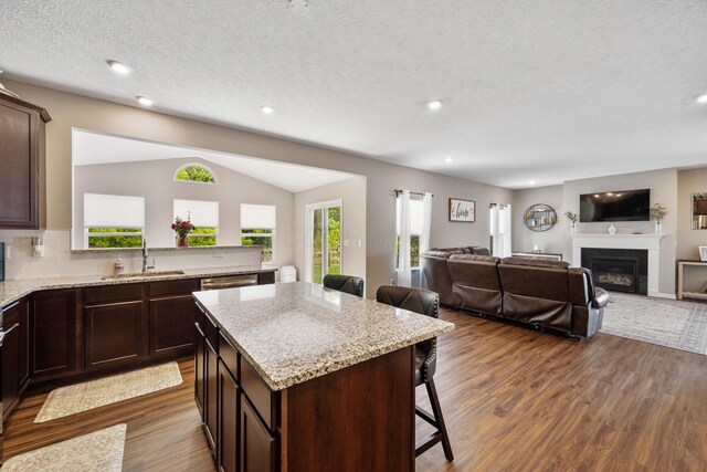 249 Rochdale, Delaware, OH 43015 - kitchen featuring a sink, a kitchen bar, dark wood-type flooring, a glass covered fireplace, and dark brown cabinets
