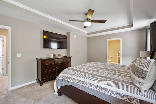249 Rochdale, Delaware, OH 43015 - bedroom featuring a raised ceiling, light colored carpet, baseboards, crown molding, and ceiling fan