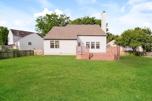 5332 Wadley Ct, Canal Winchester, OH 43110 - rear view of house with a fenced backyard, a wooden deck, a chimney, and a shingled roof