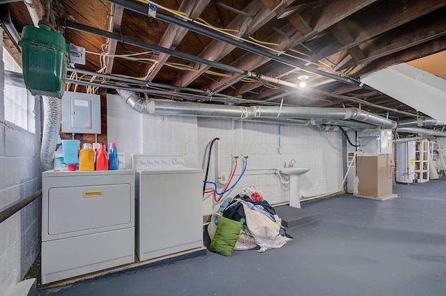 1306-1308 Wilson Ave, Columbus, OH 43206 - unfinished basement with washer and dryer, electric panel, concrete block wall, and gas water heater