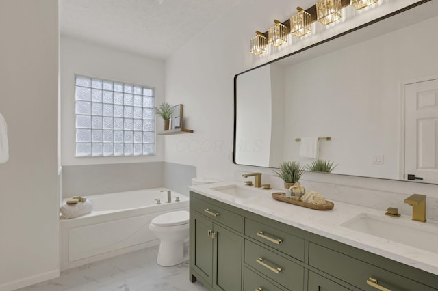 3907 Winding Path Dr, Canal Winchester, OH 43110 - full bathroom with marble finish flooring, a bath, toilet, double vanity, and a textured ceiling
