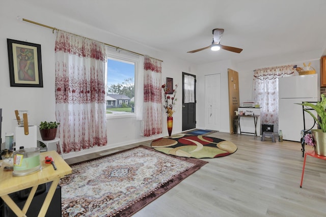 foyer entrance with wood finished floors and ceiling fan