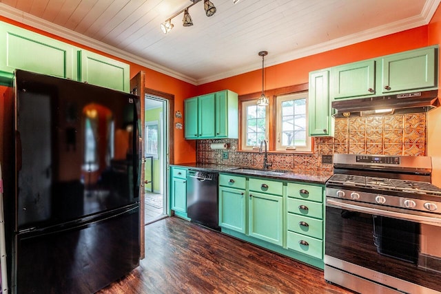 1674 Melrose Ave, Columbus, OH 43224 - kitchen with black appliances, under cabinet range hood, a sink, dark wood-type flooring, and dark countertops