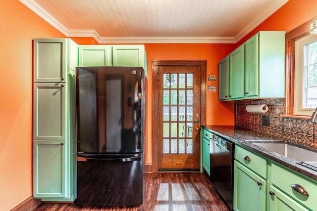 1674 Melrose Ave, Columbus, OH 43224 - kitchen featuring black appliances, green cabinets, dark wood-type flooring, plenty of natural light, and crown molding