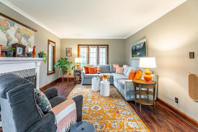 1674 Melrose Ave, Columbus, OH 43224 - living room featuring wood finished floors, crown molding, baseboards, and a tile fireplace