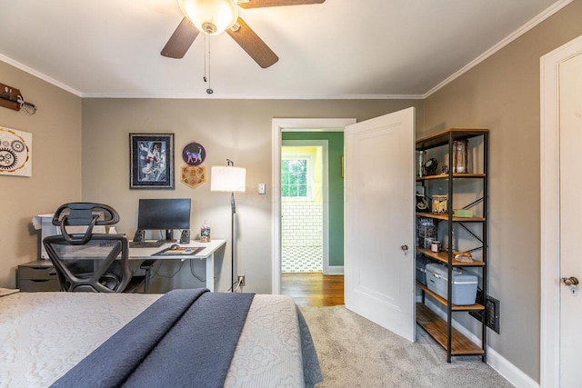 1674 Melrose Ave, Columbus, OH 43224 - carpeted bedroom featuring crown molding, baseboards, a ceiling fan, and a desk
