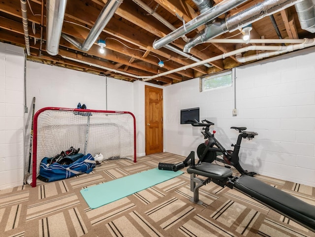 1249 Sea Shell Dr, Westerville, OH 43082 - workout room with carpet flooring and concrete block wall