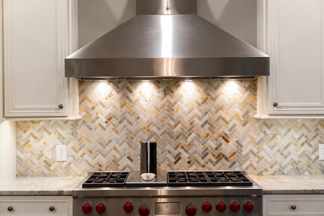 2060 Fontenay Pl, Upper Arlington, OH 43220 - kitchen with wall chimney exhaust hood, backsplash, and white cabinets