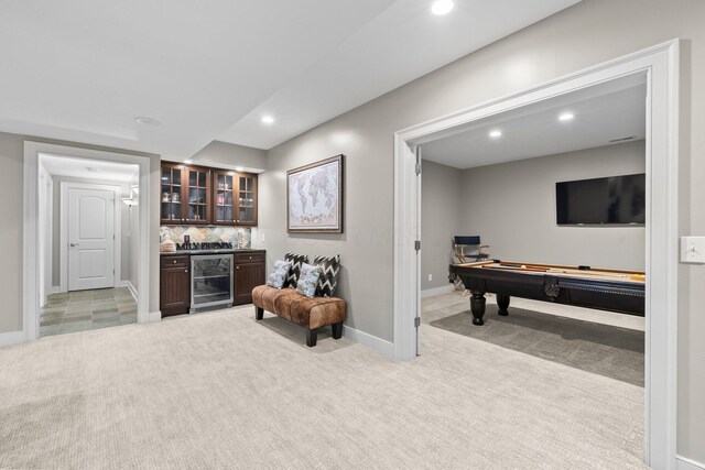 2060 Fontenay Pl, Upper Arlington, OH 43220 - indoor dry bar with beverage cooler, light carpet, billiards, recessed lighting, and baseboards