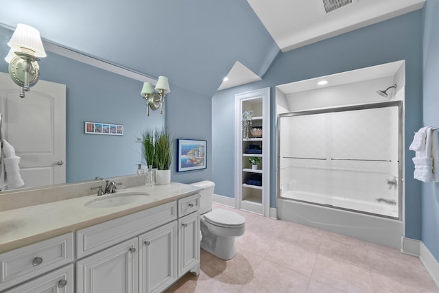2060 Fontenay Pl, Upper Arlington, OH 43220 - bathroom featuring lofted ceiling, combined bath / shower with glass door, vanity, baseboards, and tile patterned flooring
