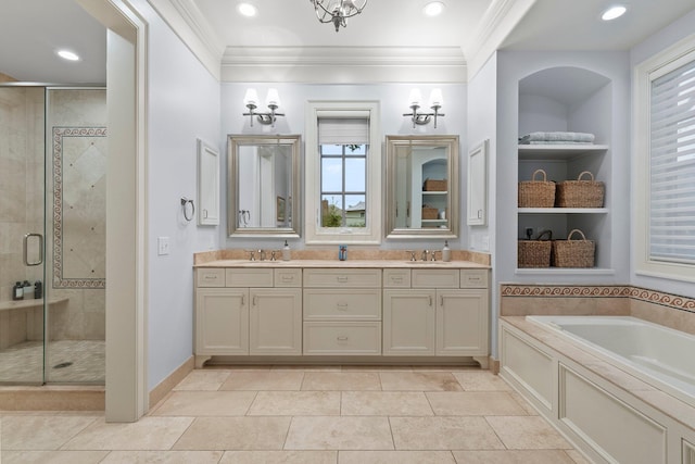 2060 Fontenay Pl, Upper Arlington, OH 43220 - bathroom featuring ornamental molding, a shower stall, a garden tub, plenty of natural light, and double vanity